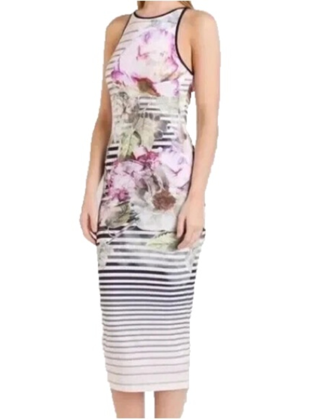 Ted Baker Pink Floral & Black-White Striped Racerback Midi Dress